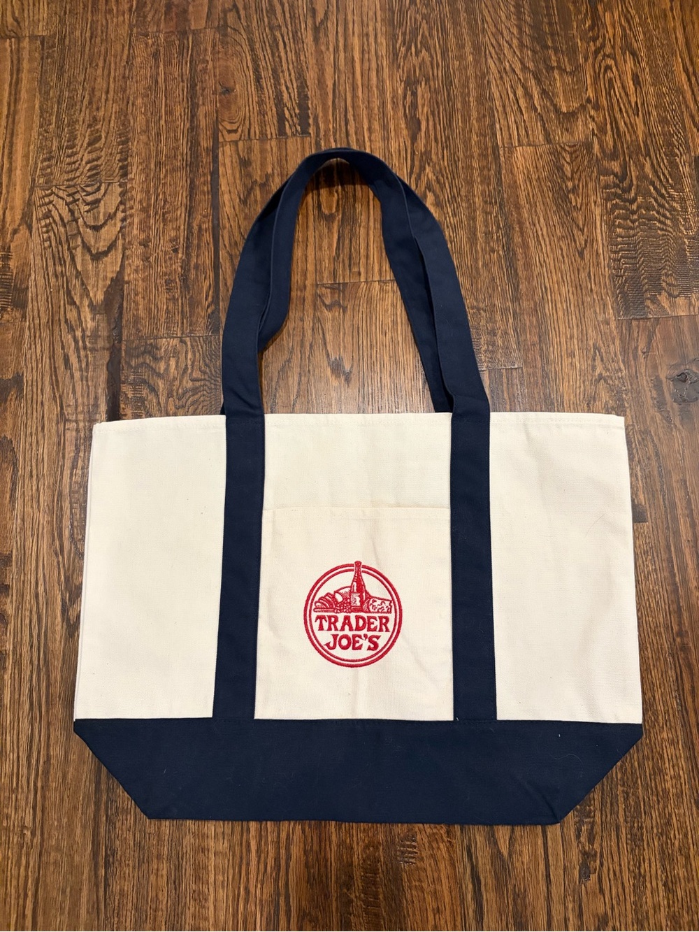 Trader Joe’s Large Canvas Tote Bag Navy Cream Red Logo